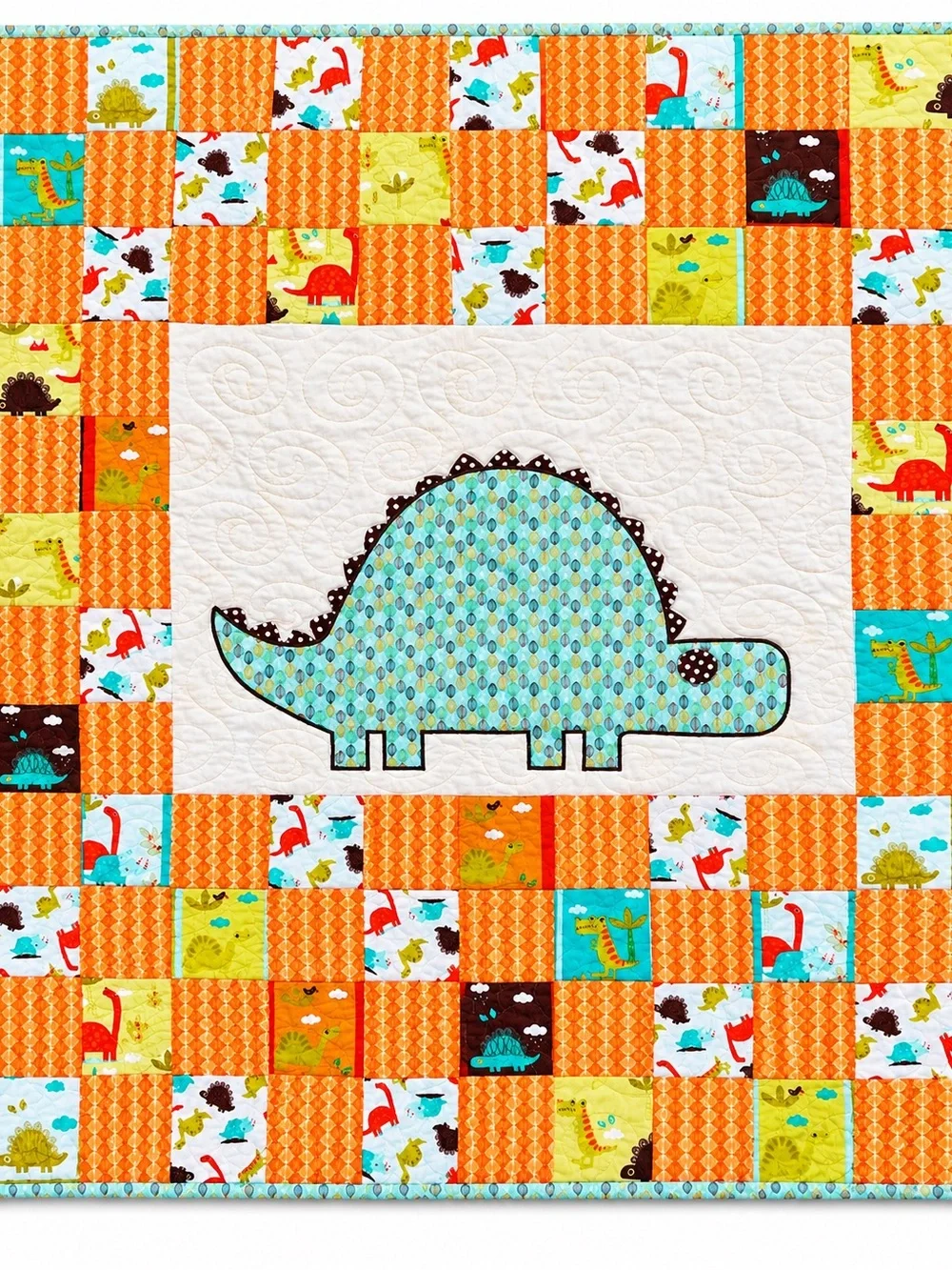 Playful Dino Patchwork Handmade Baby Quilt - Aqua & Orange